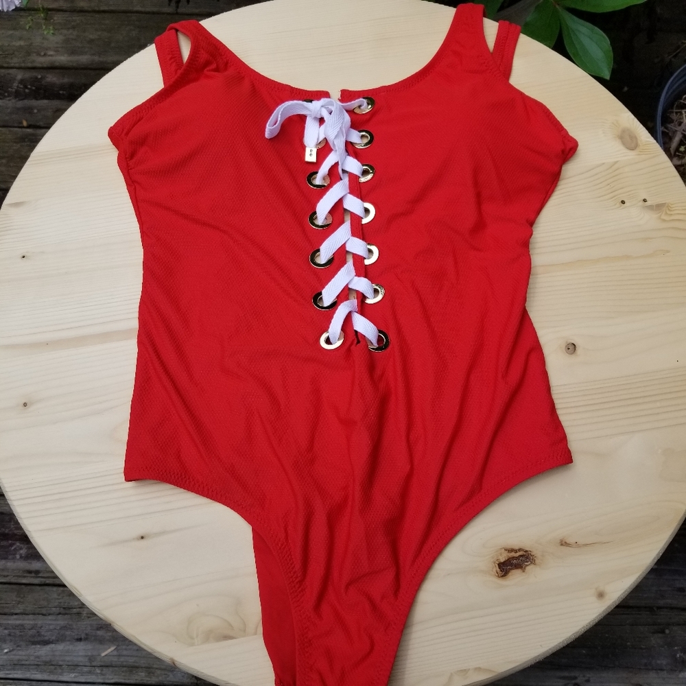 Derek Lam size L red lace up one piece swimsuit